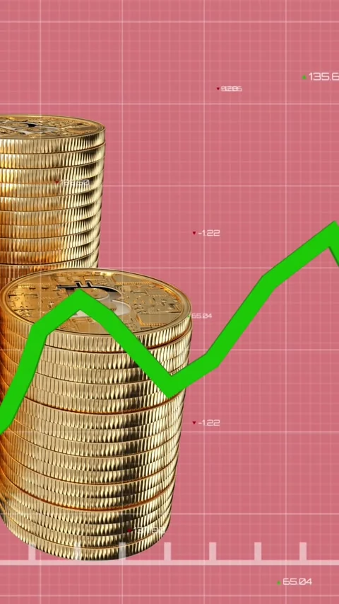 Green graph moving over stack of bitcoins against pink background. Stock Footage 343641084