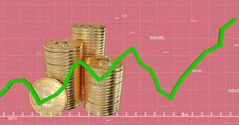 Green graph moving over stack of bitcoins against pink background. Illustrazione stock