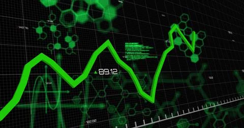 Green graphs moving and data processing against black background イラスト素材
