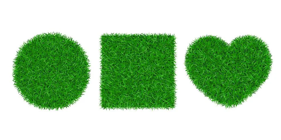 Green grass background 3D set. Lawn greenery nature circle ball, heart. Abstr Stock Illustration