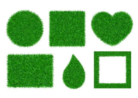 Green grass background 3D set. Lawn greenery nature ball, heart, drop, frame. Stock Illustration
