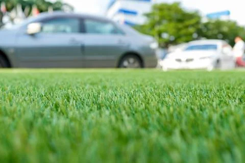 Green grass background, artificial grass field for decoration at carpark Stock Photos