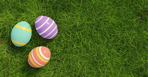 Green grass background with easter eggs, easter greeting card template elem.. Ilustração Stock