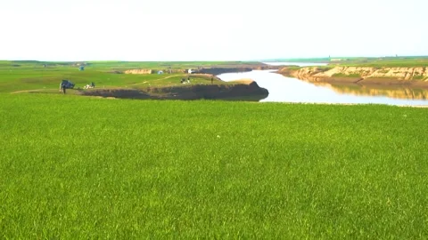 Green grass blades waving in wind on river with blurred water background. Ev Stock Footage 301710832