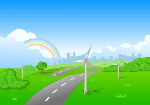 Green grass blue sky clouds background with ecology wind turbines. Stock Illustration