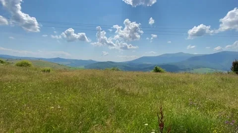 Green grass, clouds, blue sky, mountains, sunny day, panoramic view Stock-Footage 157785250