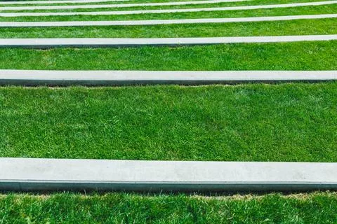 Green grass with concrete seating steps in an outdoor area during midday Stock Photos