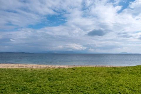 Green grass at empty sandy beach. Winter day, heavy fluffy cloudy sky backgro Foto stock