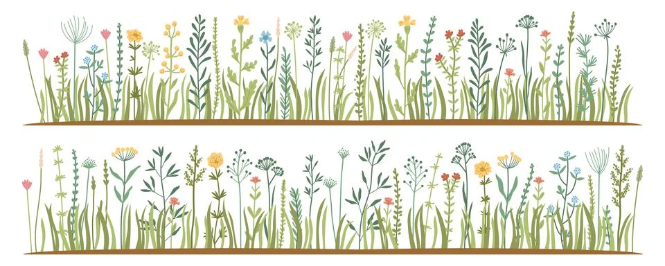 Green Grass flat icon set. Wild meadow herbs, flowers Stock Illustration