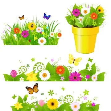 Green grass with flowers set Stock Illustration