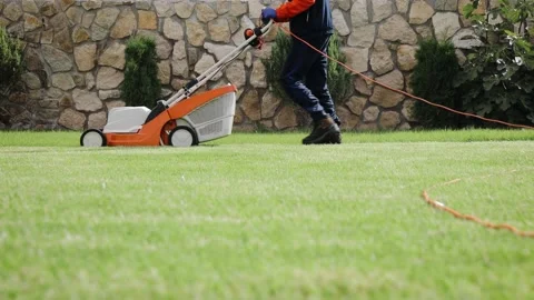 The green grass on foreground in the garden and a man mows the lawn with lawn Stock Footage 163033409