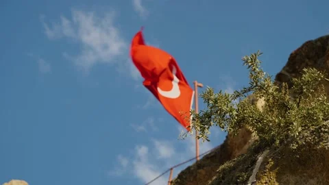Green grass grows on a cliff with a blurred Turkish flag developing Stockbeeldmateriaal 219563199