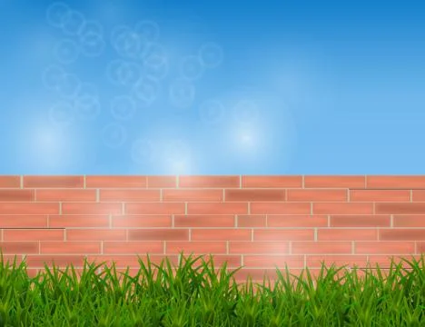 Green Grass Isolated on Red Brick Wall and Blue Sky. Stock Illustration