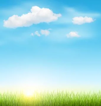 Green Grass Lawn with Clouds and Sun on Blue Sky Stock Illustration