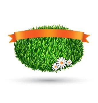 Green grass oval with chamomiles and flag isolated on white Stock Illustration