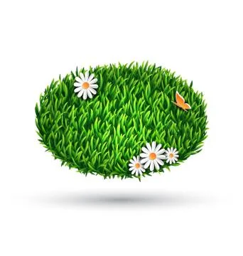 Green grass oval with chamomiles and butterfly isolated on white Stock-Illustration