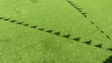 Green grass with silhouettes of rows of small flags across it Stock Footage 293646423