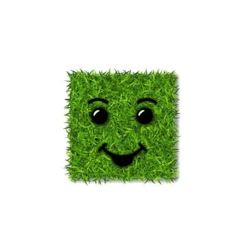 Green grass square field 3D. Face smile. Smiley grassy icon, isolated white b Stock Illustration