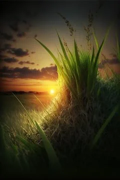 Green grass with sunset in the background Stock Illustration