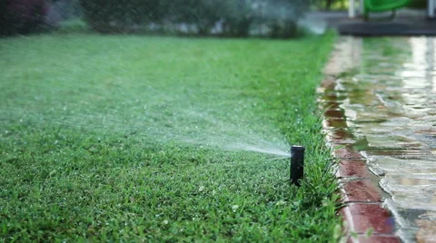 Green Grass On The Yard With Irrigation System Video stock 56347684