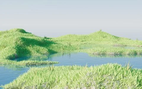 Green grassland with lakes, 3d rendering. Stock Illustration