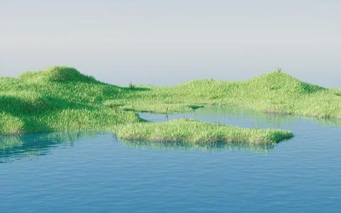 Green grassland with lakes, 3d rendering. Stock Illustration
