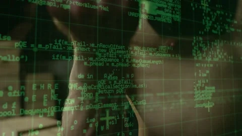 Green grid and code appearing, male shifting torso while overlay scrolling, Stock Footage 334312022