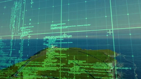 Green grid and code overlay appearing on start, scrolling and clustering to Stock Footage 311678687