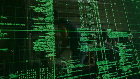 Green grid and code overlay initiating coding session with software developer Stock Footage 313677107