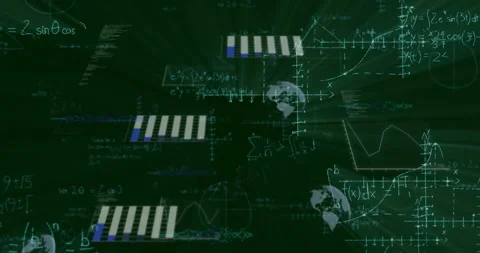 Green grid animating equations, Venn diagram transforming into bars and globes Stock Footage 310971792