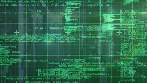 Green grid appearing over blurred hall, code scrolling upward, fragmenting Stock Footage 310150402