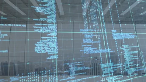 Green grid appearing before windows, emitting code streams into columns, pulsing Stock Footage 313758443
