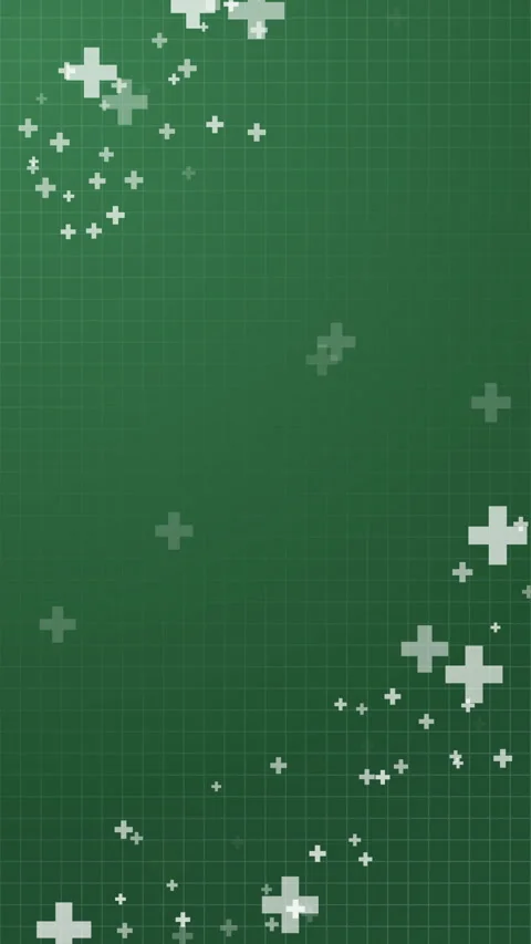 Green grid background with scattered plus signs in top left and bottom right. 스톡 동영상 319021843