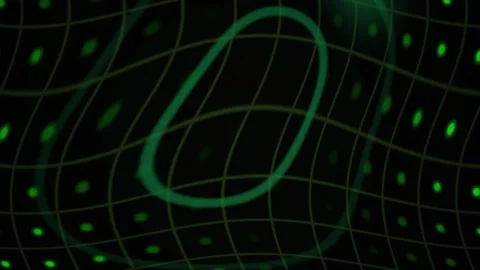 Green Grid Displaying Dynamic Spacetime Curvature Wave with Glowing Dots an.. Stock Footage 343718542