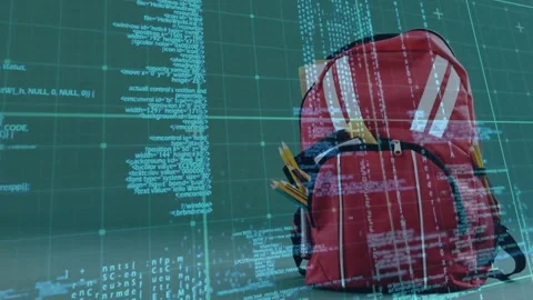 Green grid emerging behind red backpack initiating code stream zooming out Stock Footage 320287911