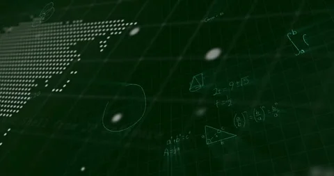 Green grid filling, dotted map fading, code scrolling, scan line initiating math Stock Footage 312639455