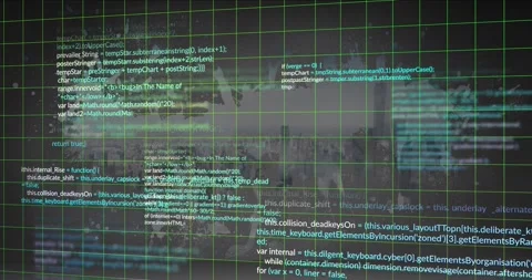 Green grid framing code clusters, initial teal glow starting scanline, stacking Stock Footage 329551613