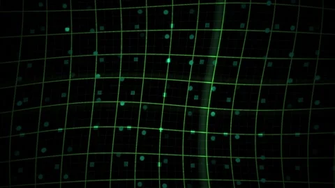 Green Grid with Glowing Dots Floating Dynamically Across a Dark Virtual Space Stock Footage 343719322