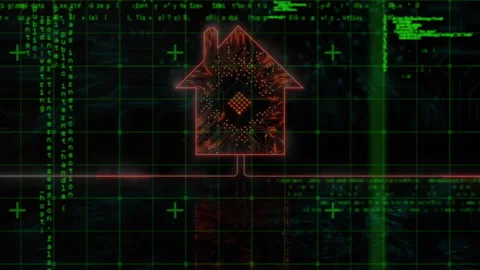Green grid interface forming leading red house circuit icon pulsing code stream Stock Footage 310141007