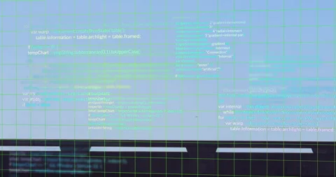 Green grid lines appearing and code blocks scrolling with dark train car gliding Stock Footage 309677449