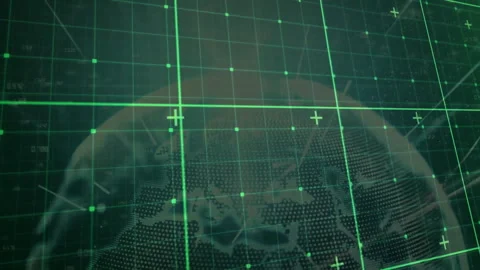 Green grid lines sweeping, plus-shaped markers blinking, dotted globe rotating Video stock 312417178