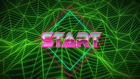 Green grid materializing, pink START text morphing into 3D, red cyan diamonds Stock Footage 313307396