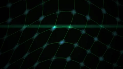 Green Grid Motion Background with Glowing Nodes and Dynamic Wave Movement Stockbeeldmateriaal 343718617