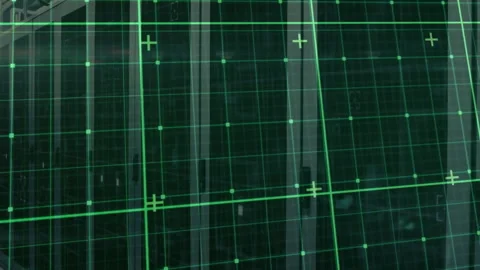 Green grid overlay spanning screen, showing node markers and crosshair symbols, Stock Footage 309103140