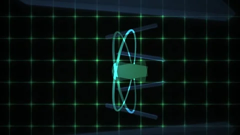 Green Grid Technology Animation with Rotating Cyan Neon Shapes and Orbits Stock Footage 343718941