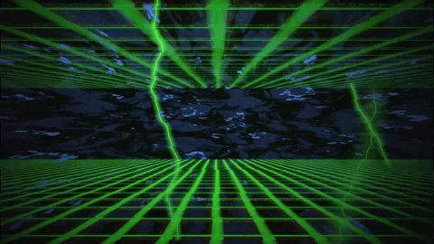 Green grid with thunder bolt electricity and oil slick blue black pattern Stock Footage 275836543