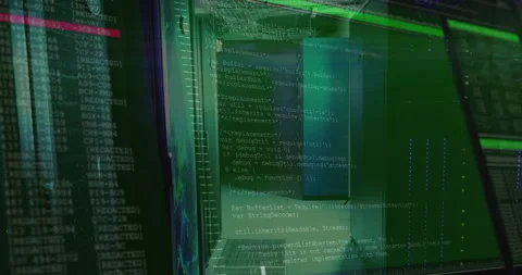 Green gridline initiating overlay on server rack corridor, code scrolling Stock Footage 311085191