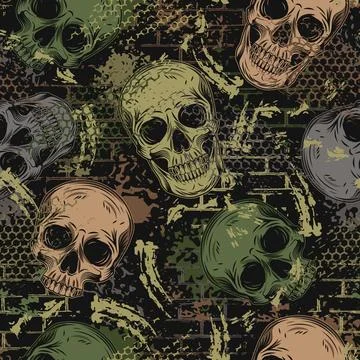 Green grunge camouflage pattern with human skulls Stock Illustration