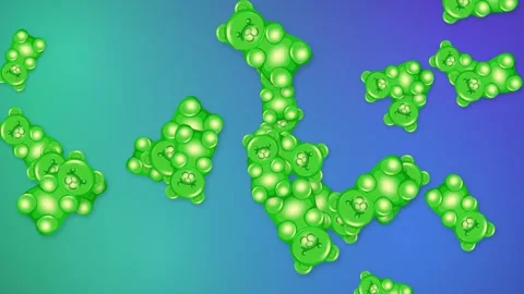 Green Gummy Bears Falling Over Vibrant Blue and Teal Gradient Background Stock Footage 344714663