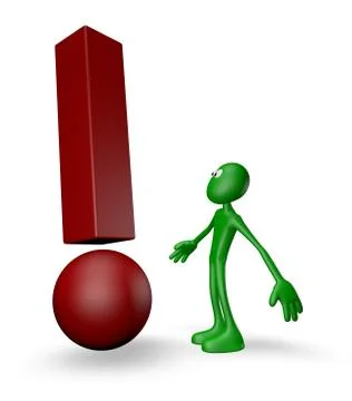 Green guy and exclamation mark - 3d illustration Illustrazione stock